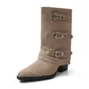 Calça com Fivela Ajustável Perna Western Baggy Chunky Salto Alto Bico Fino Couro Genuíno Botas Largas Meio da Panturrilha Femininas Outono/Inverno 2026