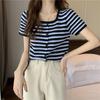 Estilo Verano Transfronterizo Nuevo Cuello Cuadrado Delgado Rayado Punto Camiseta Corta Top de Manga Corta Camiseta Básica para Mujer Ins Trbottom