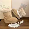Botas de Nieve Gruesas con Adorno de Encaje Estilo Coreano Femenino para Mujer 2026 Nuevo Llegado de Invierno Pisos de Moda con Forro de Terciopelo Cálido