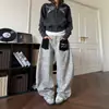 Pantalones de Hombre INS Tendencia Estampado de Leopardo Bolsillo de Parche Jeans de Mezclilla Hombre Sueltos Corte Recto Pierna Ancha High Street Estilo Americano Pantalones Largos