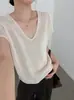 26 Nuevo Estilo de Otoño Blusa Coreana Color Sólido Encaje Patchwork Cuello en V Manga Corta Tejida para Mujer, Corte Holgado, Versátil para el Trabajo, Camiseta