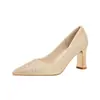 775/575 En Stock Zapatos de Salón Individuales Puntiagudos Color Champagne Brillantes, Zapatos de Novia para Bodas para Mujer, Tacón Grueso, Cómodos para los Pies, Zapatos para Dama de Honor