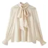 Camisa de Gasa Estilo Europeo con Caída, Lazo para Atar, Manga Larga para Mujer, Cuello Alto, Plisada, Elegante, Top de Color Sólido