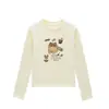 Camiseta blanca de manga larga para mujer, cuello redondo, hombros normales, corte ajustado, nuevo estilo de verano con estampado de gato de dibujos animados, top juvenil y versátil