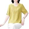 Nova Camisa Bordada Tamanho Grande para Mulheres Verão Nova Moda Casual Versátil Manga Curta Solta Decote V Camiseta Top Cobre a Barriga