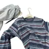 Camiseta Gruesa Cepillada de Finales de Otoño para Mujer, Capa Base para Otoño e Invierno, Se Puede Usar por Fuera, Top Holgado Perezoso con Rayas