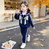 Conjunto Azul Marino con Lazo Estilo Coreano para Niñas Primavera Otoño 2026 Nueva Moda Infantil Conjunto Elegante de Dos Piezas para Niña Pequeña