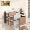 Barra de Toalla Gris Pistola, Sin Taladro, Secador de Toallas para Baño, Estante de Almacenamiento para Baño, Barra de Ganchos Múltiples de Doble Capa