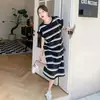 Vestido de verano a rayas de seda helada hasta la rodilla con mangas cortas para mujeres talla grande 150 kg, corte holgado, disimula la barriga, adelgazante, vestido largo tipo camiseta