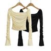 7150-22 verano nuevo dulce francés hombros descubiertos slim adelgazante manga larga acampanada romántica malla camiseta top