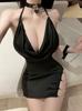 Lencería sexy pijamas sexy para mujer sin espalda tirante fino costura de pedrería abertura lateral tirante sexy para dormir