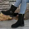 Botas de Neve Femininas de Meia-panturrilha com Fivela Cruzada, Zíper Lateral, Salto Grosso, Forradas com Lã, Superfície em Camurça, Estilo Western Retrô, Botas Femininas de Inverno