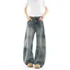 Jeans Denim Lavado Retro Americano Masculino Primavera e Outono Corte Limpo Streetwear Cool Calças Longas de Perna Reta Solta Perna Larga
