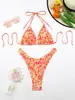 Bikini Nuevo Transfronterizo Europeo y Americano de Cuello Halter Tres Piezas con Diseño Estampado Bikini de Espalda Descubierta con Cordones Traje de Baño Transfronterizo