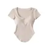 Camiseta de Verano Estilo Puro Deseo con Cintura Delgada y Cuello en U para Mujer, Dobladillo Curvo, Top Ajustado de Manga Corta, Camiseta Base Corta