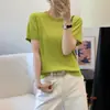 Tricô de Manga Curta com Lantejoulas de Alta Qualidade para Mulheres 2026 Novo Estilo Coreano Versátil Camiseta de Verão Fina com Recortes Tendência
