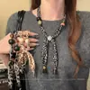 Coleção de Lenços de Seda Estampa de Leopardo ~ Colar com Coração Estampado e Contas de Madeira de Nicho Design Único Feminino Corrente para Clavícula Ajustável