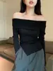 Top de punto de hombros descubiertos para mujer, nuevo diseño otoño 2026, corte ajustado, fino, camiseta base irregular