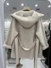 2025 Novo Casaco de Lã Dupla Face de Cor Contrastante para Outono e Inverno, Slim, com Capuz, Lã Solta, Roupão de Banho, Jaqueta, Roupas Femininas de Venda Cruzada