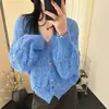 Cárdigan de Punto Calado con Cuello en V Crochet para Mujer Otoño Nuevo Estilo Coreano Reductor de Edad Delgado Holgado Suéter Abrigo Top