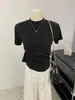 Camisa de base estilo boss primavera e outono gola alta pequena 2024 gola alta parcial cor sólida manga curta sem bolinhas simples versátil feminina