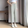 Pantalones de traje rosa de seda helada para mujer, Verano 2026, Pantalones cropped rectos holgados de cintura alta adelgazantes para figuras petite, Pantalones cigarette casuales