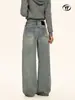 Jeans Lavados Azules Estilo Retro Americano Yongfang para Hombres y Mujeres, Versátiles de Corte Holgado, Textura Irregular Desgastada, Pantalones de Pierna Ancha Rectos con Caída