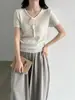 LUXI Jersey de punto para mujer con cuello de corbata 100% lana, cuello en V, manga corta, estilo versátil suave de otoño ss1110