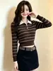 Nueva colección de otoño: Suéter de punto a rayas con bloques de color y cuello polo, estilo coreano, elegante, ajustado y que realza la figura, para usar en capas