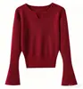 Novo Top de Tricô com Decote V e Manga Flare 2026 para Mulheres, Curto, Emagrecedor, Suéter Base, Top Outono/Inverno