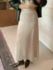 Falda larga de punto gris estilo coreano con retazos y detalle en el dobladillo para mujer, otoño, de alta gama, fluida, estiliza la figura, elegante, casual, línea A