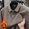 Suéter de veludo mink falso espessado com forro de fleece para homens de meia-idade para outono e inverno, camisa base de malha quente para pais