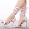 Elegantes sandalias de tiras de tacón alto peeple, hermosas con cinta de satén, tacones altos para mujer, zapatos de fiesta, boda, zapatos de novia