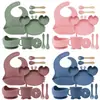 Conjunto de Alimentação de Silicone para Bebê com 9 Peças - Prato Dividido com Ventosa e Tigela em Formato de Caranguejo com Babador Ajustável e Talheres