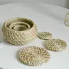 Cesta de almacenamiento de paja cesta tejida de pasto marino con tapa cesta de almacenamiento redonda joyero de escritorio estilo pastoral cesta de almacenamiento de ratán