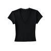 Camiseta corta ajustada de verano 2024 con escote en V profundo y encaje elástico de manga corta para mujer