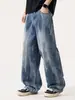 Moda Masculina Fengshe / Lançamento Primavera 2026 Jeans Reto Masculino com Design Desgastado e Tie-Dye Estilo Retrô Americano