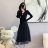 Comercio Exterior Ropa de Mujer Disparo Real Francés Irregular Cuello en V Ajustado Manga Larga Vestido de Mujer de Gama Alta Brillante Pieza con Costuras Red