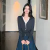 Cárdigan de Lana para Mujer 100% Lana Pura Hilo Yangtze Alemán Nuevo Cuello en V Falso Dos Piezas Manga Larga Delgado Suéter de Punto