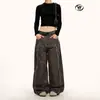 Pantalones de Trabajo Yongfang Estilo Retro Americano para Hombres y Mujeres, Marca de Moda Holgada Lavados Empalmados Borde Crudo Rectos Pesados Casuales de Pierna Ancha