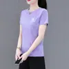 Camiseta Feminina de Seda de Gelo Secagem Rápida Manga Curta Verão 2026 Novo Estilo Solta Ombro Caído Estampada Absorvente de Suor Top t