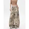 Jeans de camuflaje con bordado de rama de letra desgastada vintage americano, pantalones rectos de pierna ancha versátiles unisex