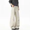 Pantalones de trabajo de algodón puro lavados y cepillados para hombre, estilo callejero retro, pantalones casuales holgados de pierna ancha con pierna curva, estilo mezclilla plisada