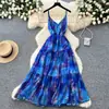 Vestido Largo de Estilo Resort con Cuello Halter en V y Tirantes para Mujer, Verano Estilo Coreano Sin Mangas Sexy Estampado Adelgazante