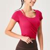 Nueva camiseta deportiva de yoga para mujer, con copas fijas ajustadas, cuello cuadrado, tirantes finos, manga corta, alta elasticidad, para adelgazar y fitness.