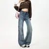 Jeans de Campana Anchos Elásticos de Ajuste Holgado Estilo Americano Resistentes Arrugados con Bigotes Pantalones Largos Cómodos para Mujer