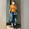 Jeans cropped de estilo americano de moda de talla grande de cintura alta para hombres y mujeres, nuevos pantalones anchos holgados vintage desgastados de verano