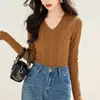 Atmósfera Suave, Camiseta Base Suave y Amigable con la Piel de Estilo Francés con Textura Ondulada, Suéter Delgado de Manga Larga con Cuello en V Adelgazante para Mujer