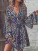 2024 Europeu e americano transfronteiriço outono e inverno nova moda elegante feminina paisley estampado com decote em v manga de chifre vestido