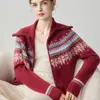 Cárdigan de punto de cachemira de alta calidad con jacquard Fair Isle, doble cremallera, cuello alto para mujer, abrigo suéter de moda con cuello grande